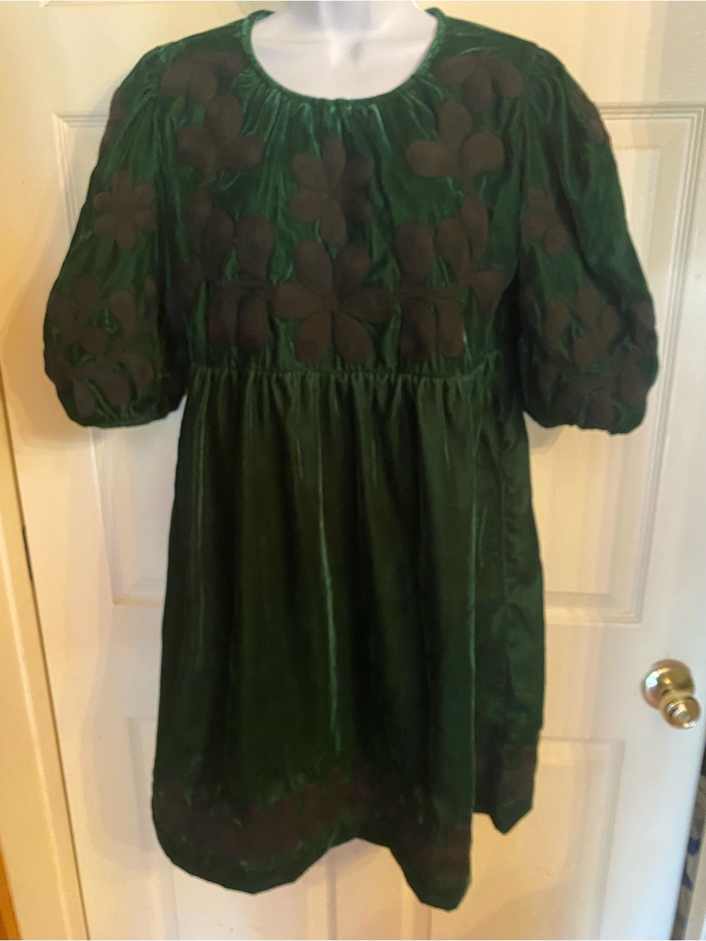 Uncle Frank Emerald Green Puff-Sleeve Dress with Floral Appliqué